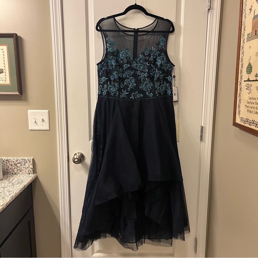 Adrianna Papell Beaded Midi Dress with Tulle Skirt in Midnight